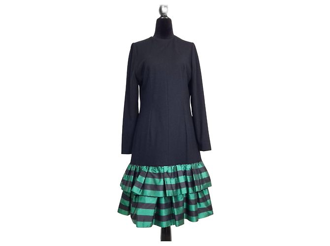 Guy Laroche Vestido de Seda e Lã Preto e Verde