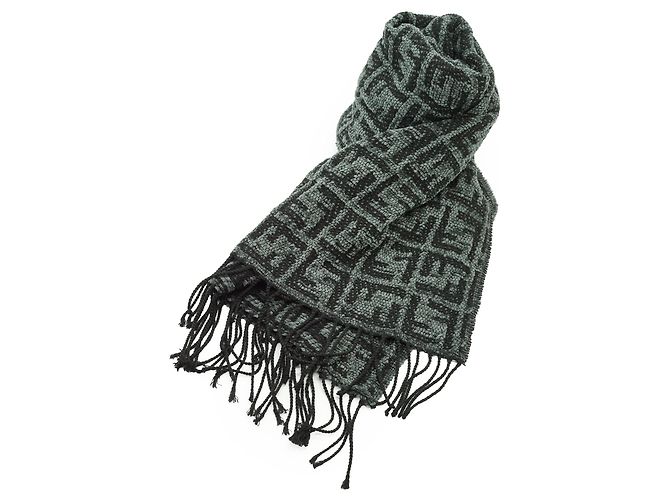 Fendi Sciarpa Cravatte Vintage Zucca con Frange Grigia e Nera
