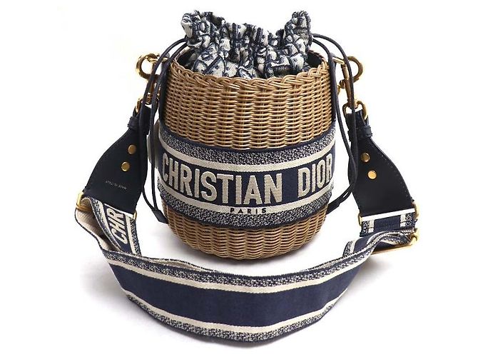 Borsa bucket Dior Oblique in vimini e rafia