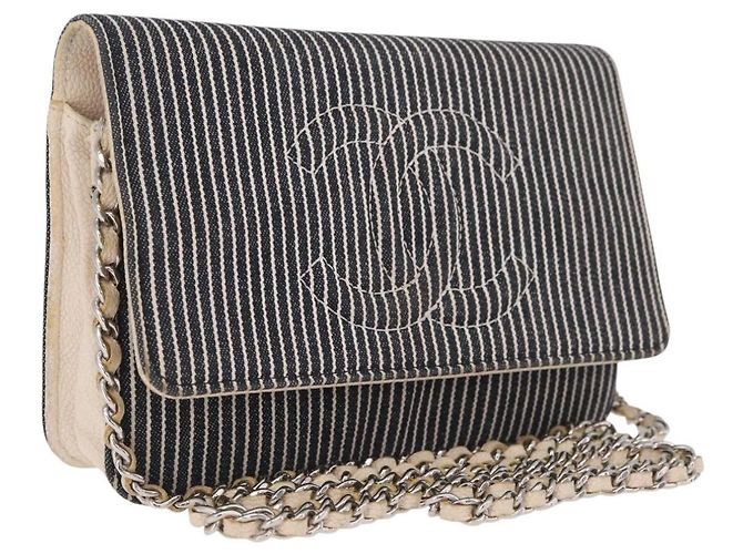 CHANEL Chain Shoulder Bag Canvas Navy Silver CC