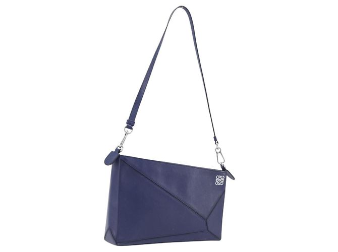 LOEWE Puzzle Pouch Shoulder Bag Leather Navy Silver