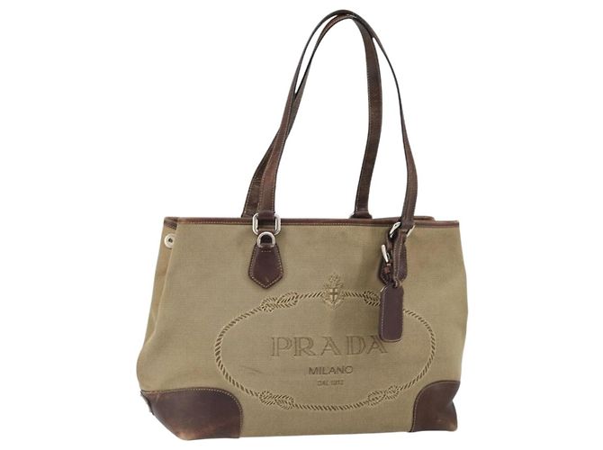 PRADA Tote Bag Canvas Beige Silver