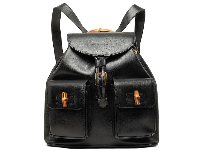 Gucci Black Large Calfskin Bamboo Drawstring Backpack