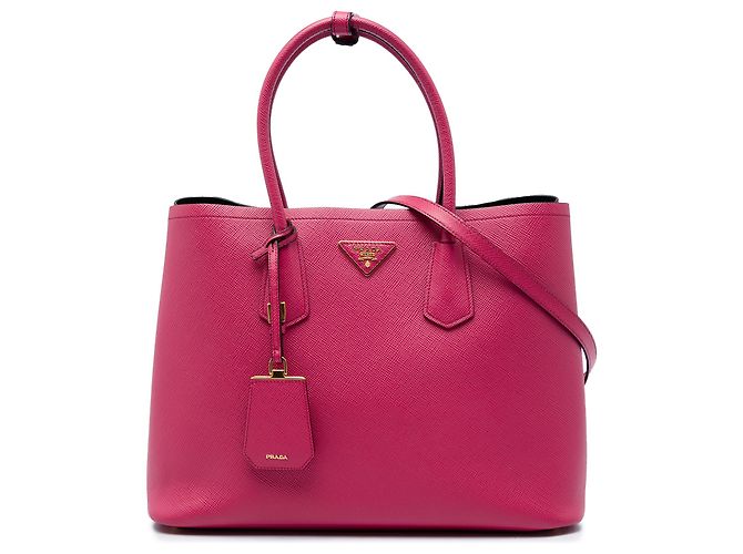Prada Bolsa Double Satchel em Couro Saffiano Rosa Medium