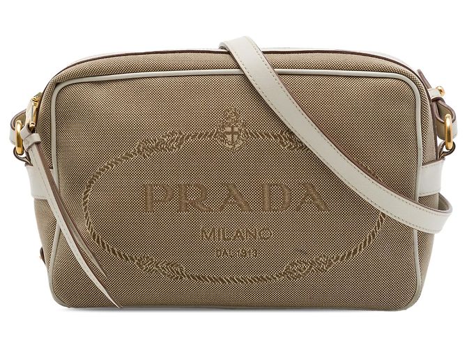 Bolsa Camera Prada em lona Canapa bege com logo