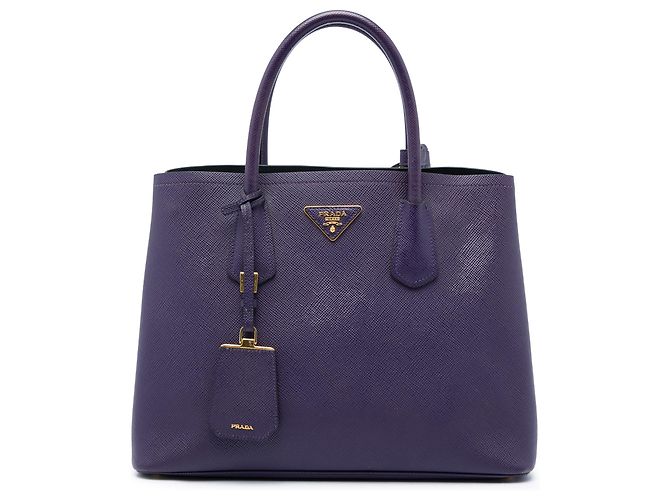 Prada Bolsa Double Satchel em Couro Saffiano Roxo Medium