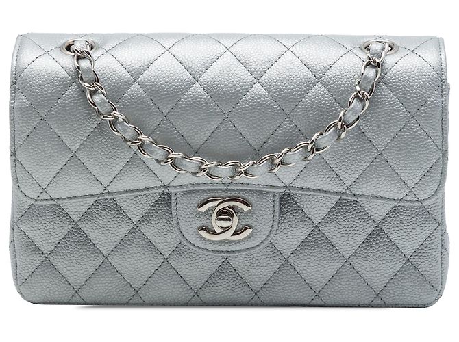 Chanel Silver Medium Classic Metallic Caviar Double Flap