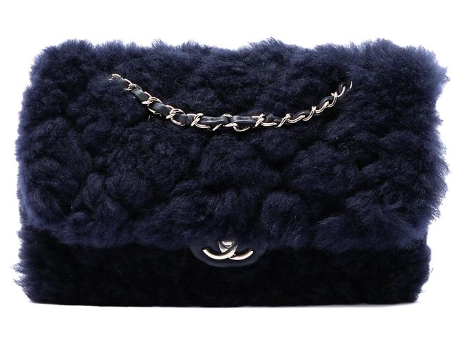 Chanel Blue Medium CC Shearling and Lambskin Single Flap