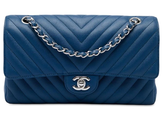 Chanel Blue Medium Classic Chevron Caviar Double Flap