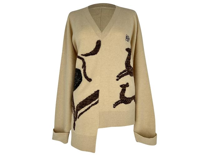 Sweater Assimétrico Loewe com Cervo em Lã Bege