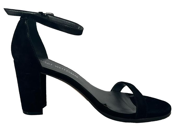 Stuart Weitzman Ankle Strap Block-Heel Sandals in Black Suede