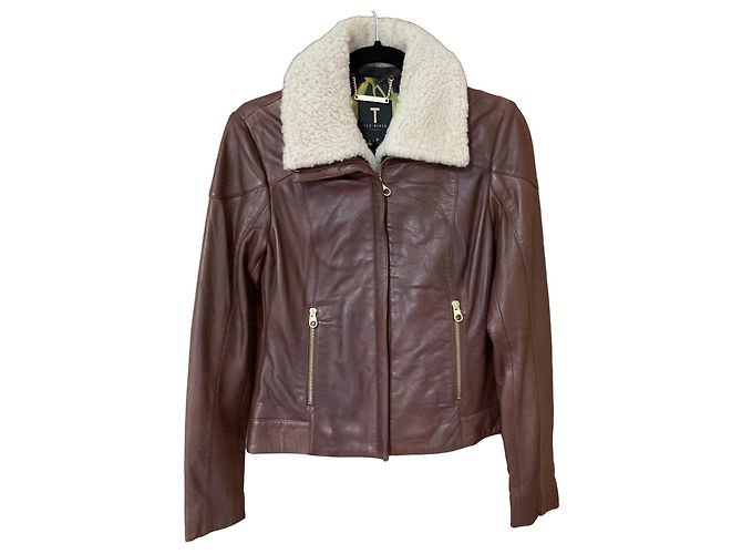 Ted Baker Giacca in pelle marrone con collo in shearling
