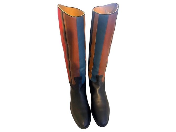 Hermès Multicolored Canvas and Black Leather High Boots