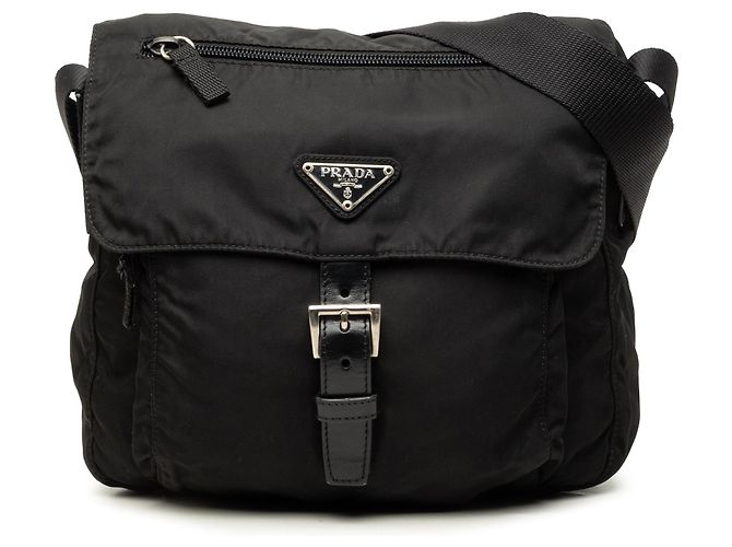 Bolsa Messenger Prada Tessuto preta com fivela e fecho éclair