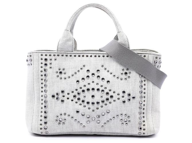 Gray Prada Small Denim Canapa Bijoux and Grommet Satchel