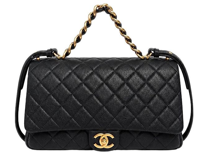 Chanel Bolsa de ombro com aba acolchoada em couro preto 2017