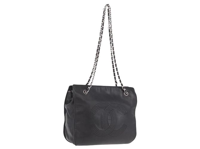 CHANEL Chain Shoulder Tote Bag Leather Black Silver CC