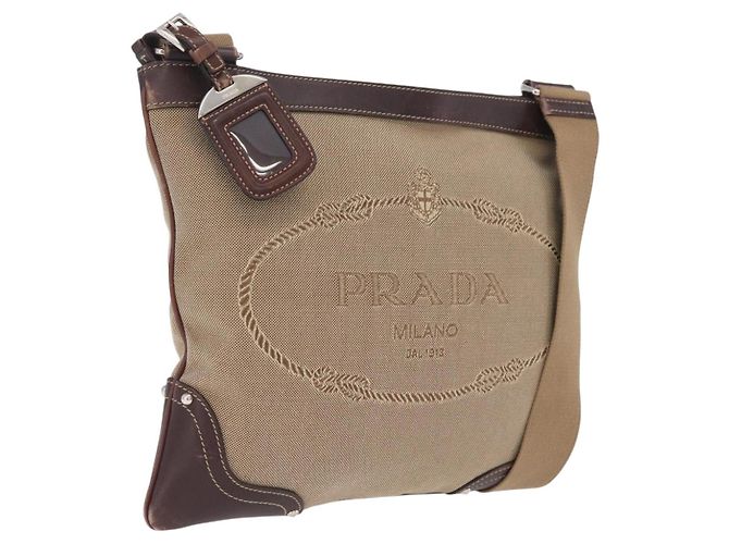 PRADA Bolso de Hombro Canvas Beige Silver