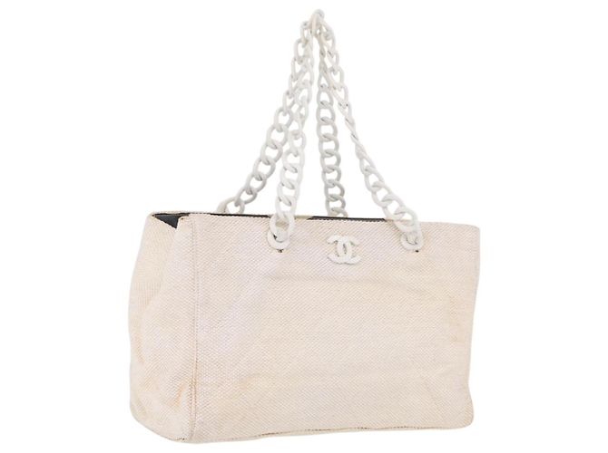 CHANEL Chain Tote Bag Canvas White Gold CC