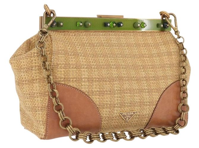 PRADA Chain Shoulder Bag Raffia Beige Gold Tone