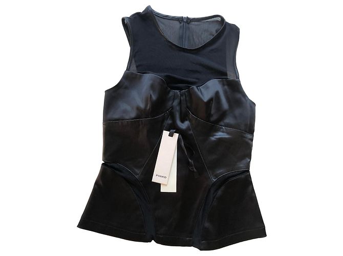 Pinko Ärmelloses Top oder Tanktop aus schwarzem Satin und Mesh Gr. S oder 36