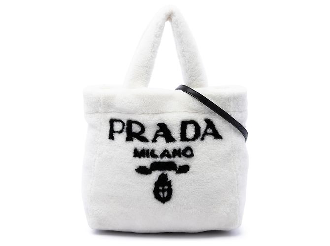 Tote Sac cabas Prada en shearling blanc avec logo