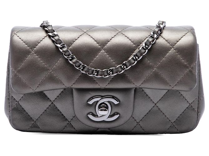 Chanel Gray Extra Mini Rectangular Classic Metallic Lambskin Single Flap