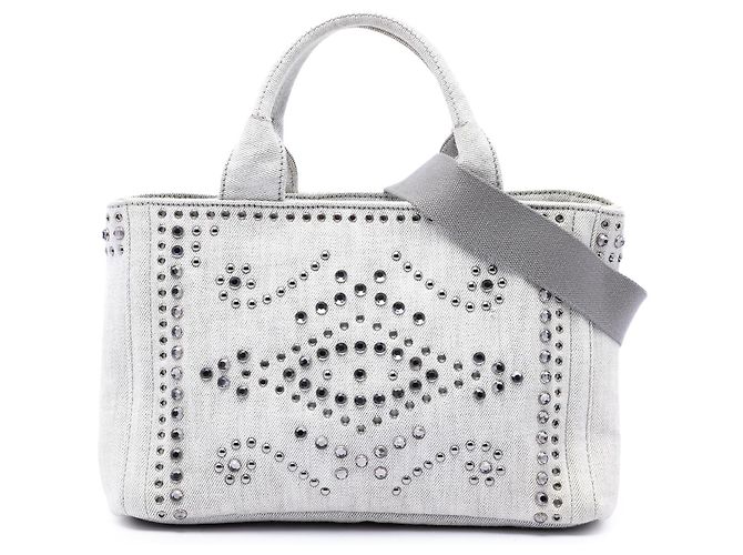 Bolsa Prada Small Denim Canapa Bijoux e Ilhoses Cinza