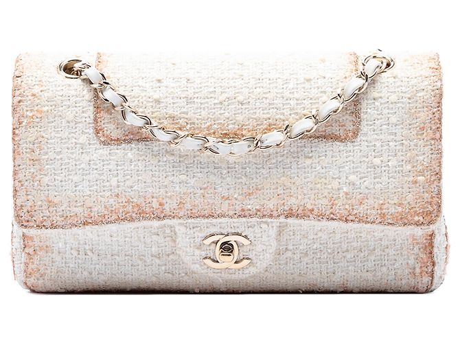 Chanel White Medium Classic Metallic Tweed Double Flap