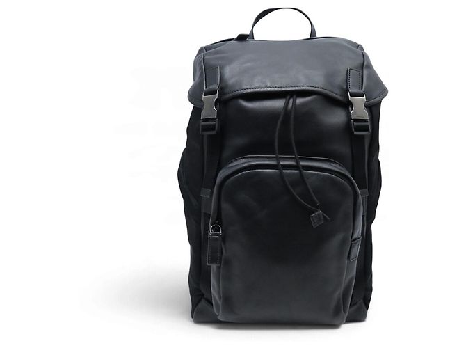 PRADA BLACK LEATHER AND RE-NYLON CANVAS BACKPACK