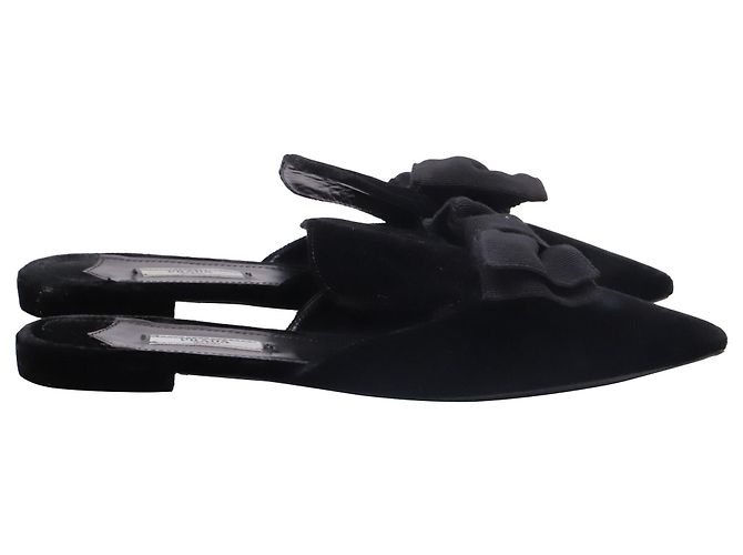 Mules a punta Prada con fiocco in velluto nero