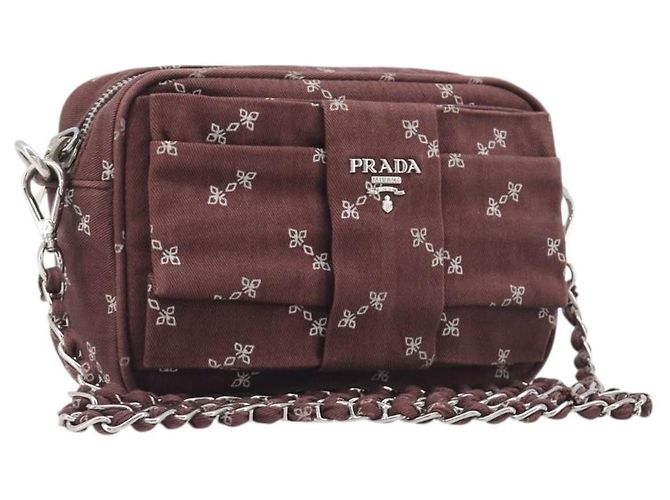 PRADA Bolsa de Ombro com Corrente Canvas Castanho Prata Auth 209497A - Jerrillo