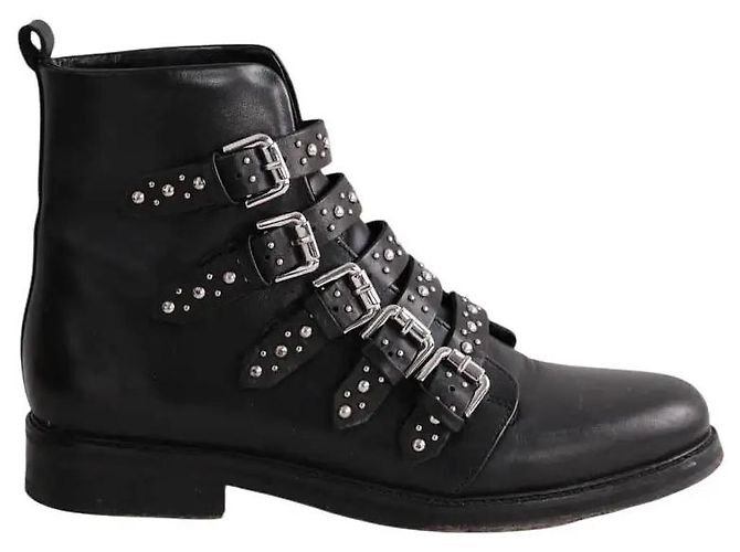 Boots à boucles en cuir noir Maje