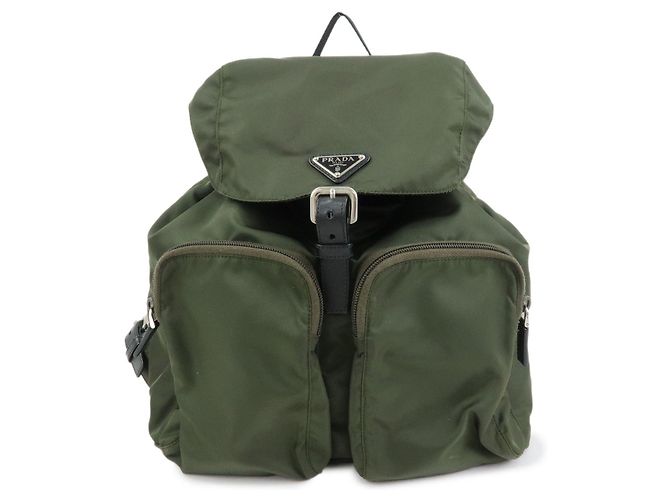 PRADA Triangle Logo Nylon Saffiano Leather Backpack Khaki 1BZ005