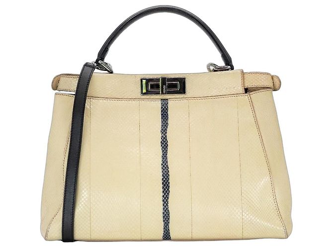 Fendi Peekaboo 34 cm – Pythonleder – Creme/Schwarz – Silberfarbene Hardware – inkl. Schultergurt