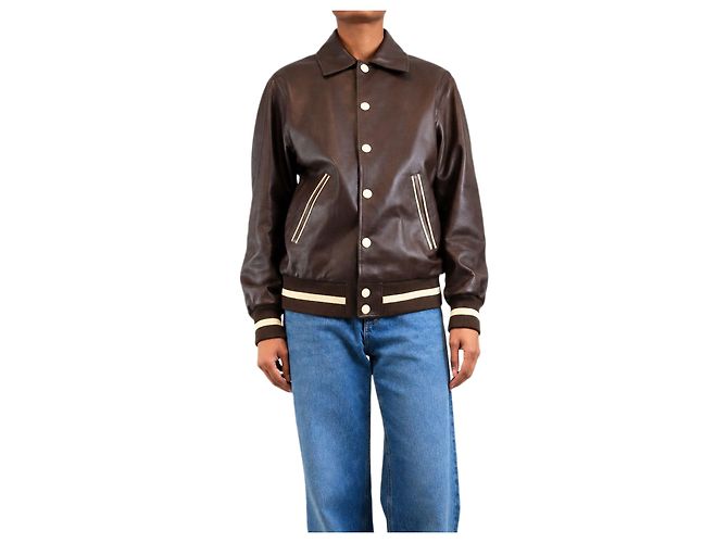 Céline Chocolate brown leather varsity jacket - size UK 8
