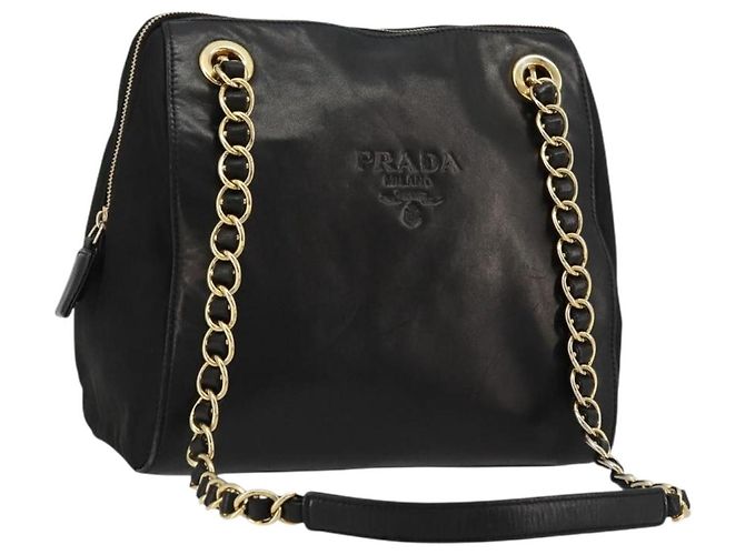 PRADA Chain Shoulder Bag Leather Black Gold