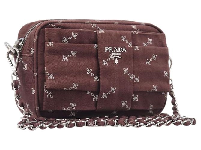 PRADA Chain Shoulder Bag Canvas Brown Silver