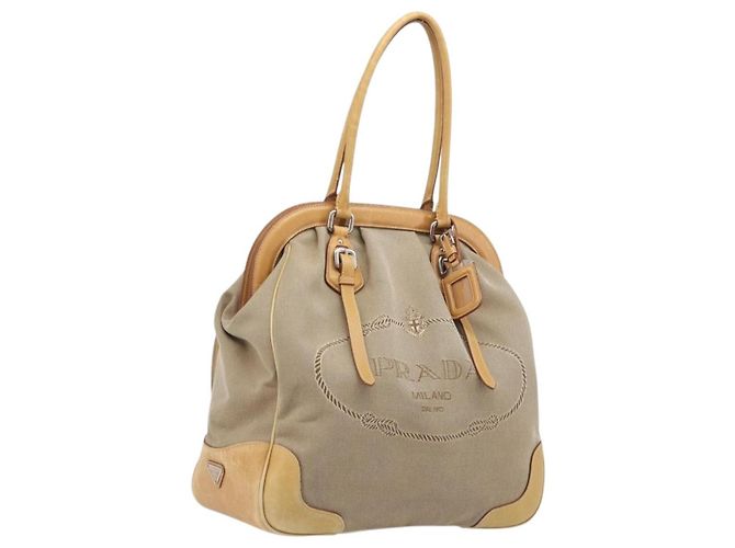 PRADA Hand Bag Canvas Beige Silver