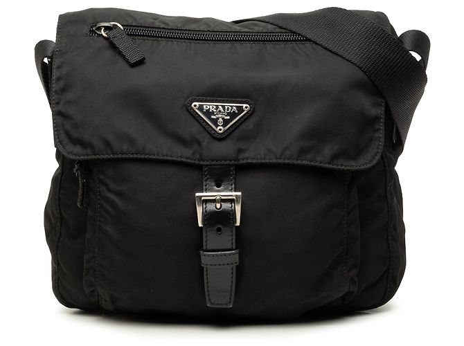 Bolsa Messenger Prada em Tessuto preta com fivela e zíper