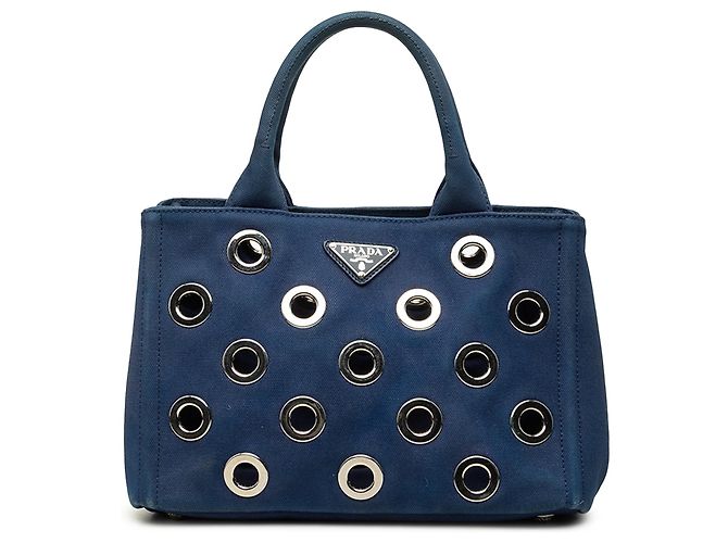 Borsa Satchel Prada Blue Small Canvas Canapa con occhielli