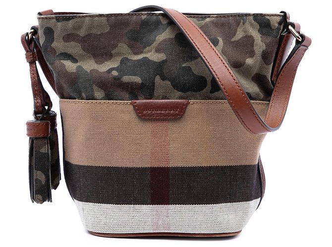 Sac seau Burberry Brown Mini Mega Check Canvas Camouflage Ashby Tassel