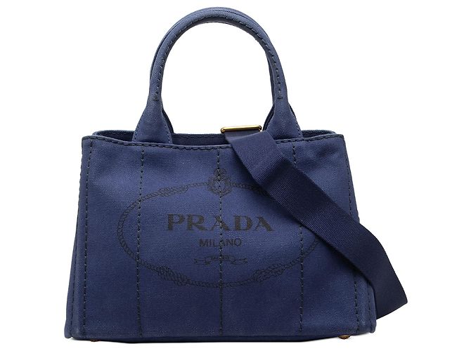 Prada Borsa Tote Small Canvas Canapa Logo Blu
