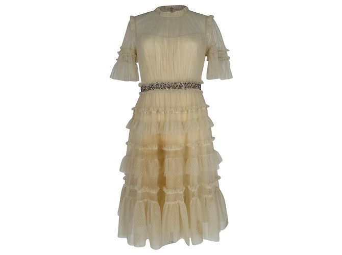Needle & Thread gestuftes Midi-Kleid aus Tüll und Spitze in Elfenbein-Polyester