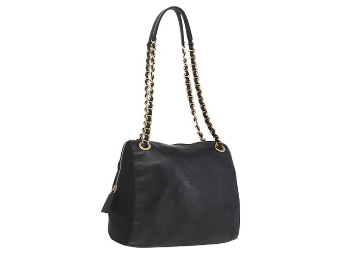 PRADA Chain Shoulder Bag Leather Black Gold Auth 209449V - Jerrillo