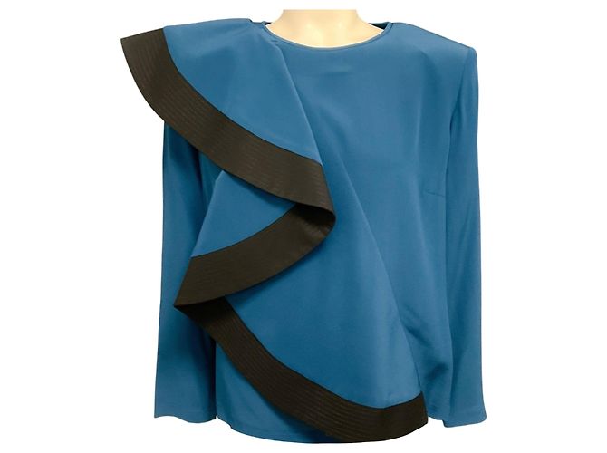 Blouse en soie à manches longues et volants Givenchy Bleu sarcelle / Noir