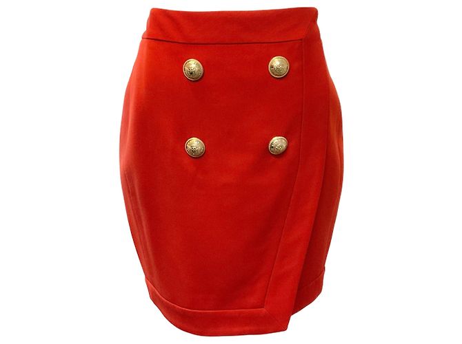 Balmain Rust Wool Skirt with Gold Buttons