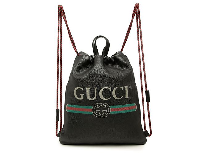 Black Gucci Leather Logo Drawstring Backpack