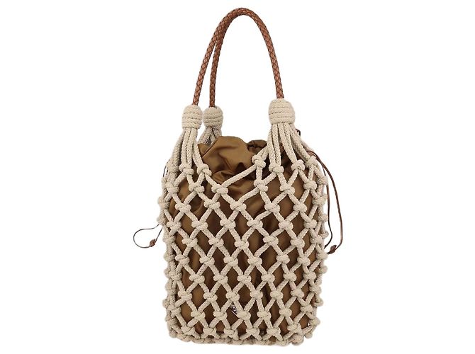 Borsa Noue media Prada in cotone macramé e pelle Beige, Camel