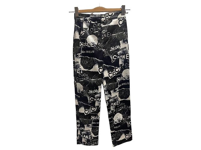 Chanel Graffiti Print Baumwolle Seide Hose Schwarz Weiß Größe S